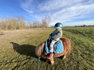 Young child riding a pony during a beginner pony riding experience near Paris